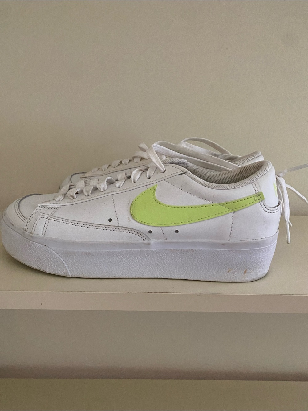 Nike Women's White Platform Sneakers with Neon Lime Swoosh